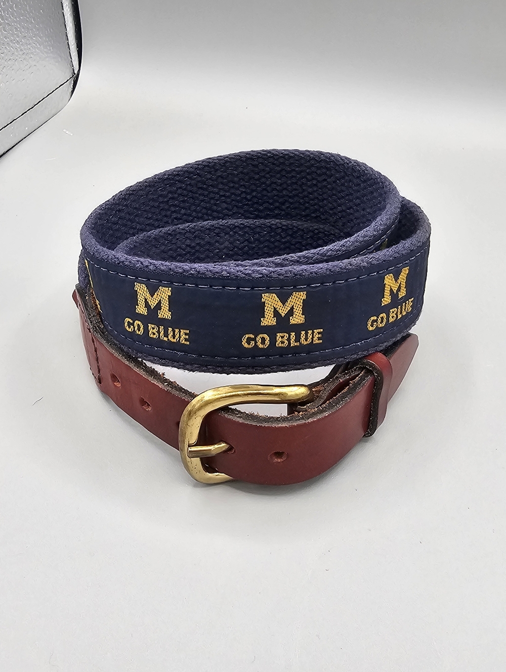 University Michigan Wolverines Belt Leather Mens 38 Handmade Solid Brass Blue